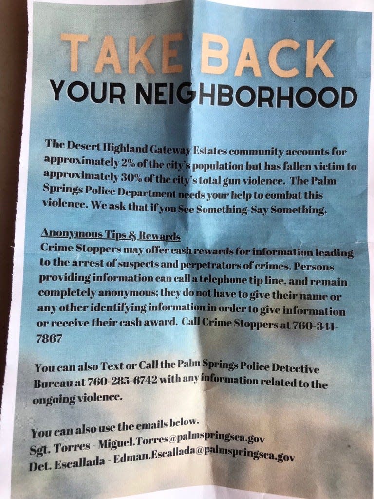 A flyer being distributed by Palm Springs police urges residents of Desert Highland Gateway Estates to "take back your neighborhood."