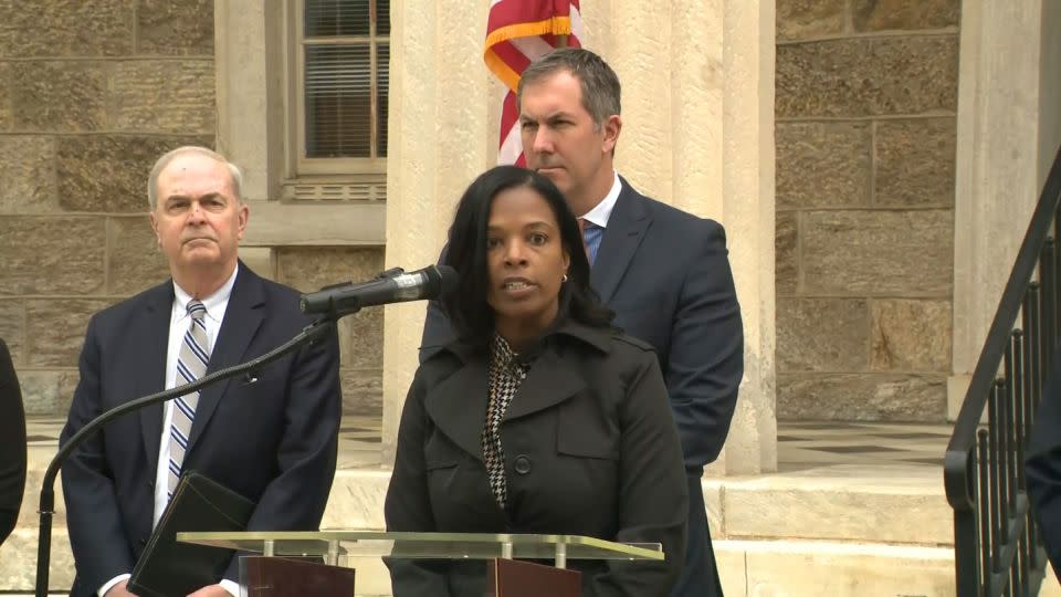 Superintendent of Baltimore County Public Schools Myriam Rogers speaks during a press conference in Pikesville on April 25. "As you can imagine, this has been a very difficult time for the Pikesville High School community," she said. - WJZ