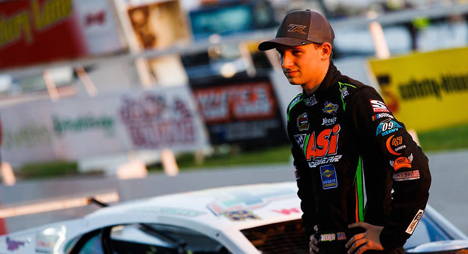 Austin Beers, driver of the #64 Dell Electric, Lumiere Electrical, Andrew James Interiors, AP Marquadt & Sons LFR, looks on during the Toyota Bud Mod Classic 150 for the NASCAR Whelen Modified Tour at At Oswego Speedway in Oswego, New York on September 3, 2022. (Bryan Bennett/NASCAR)