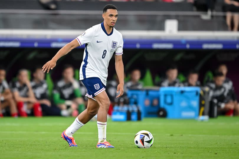 Trent Alexander-Arnold of England controls the Ball during the UEFA EURO 2024 group stage match between Denmark and England at Frankfurt Arena on June 20, 2024 in Frankfurt am Main, Germany.