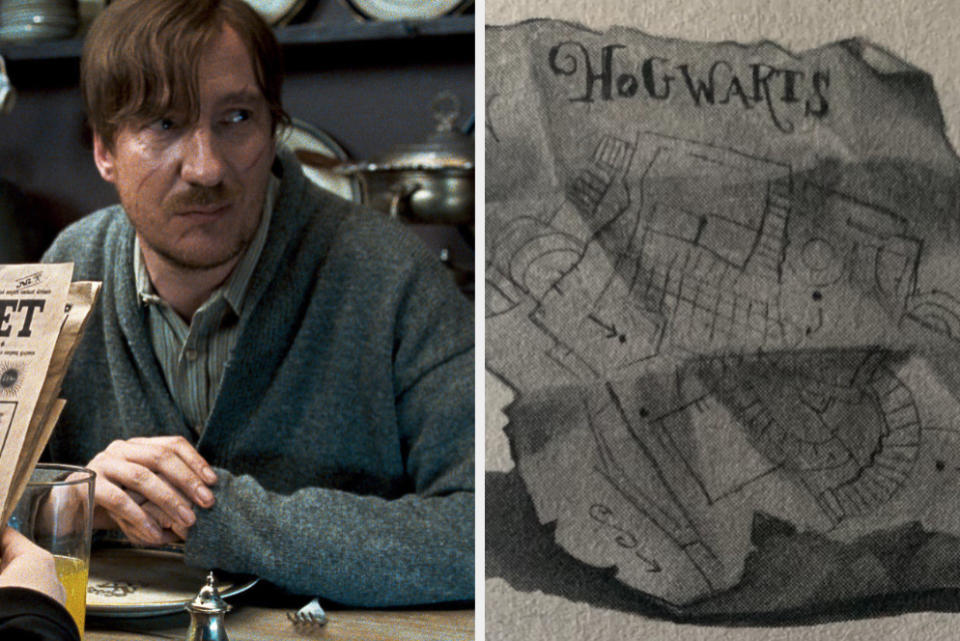 Lupin in the movies and a book illustration of The Marauders' Map