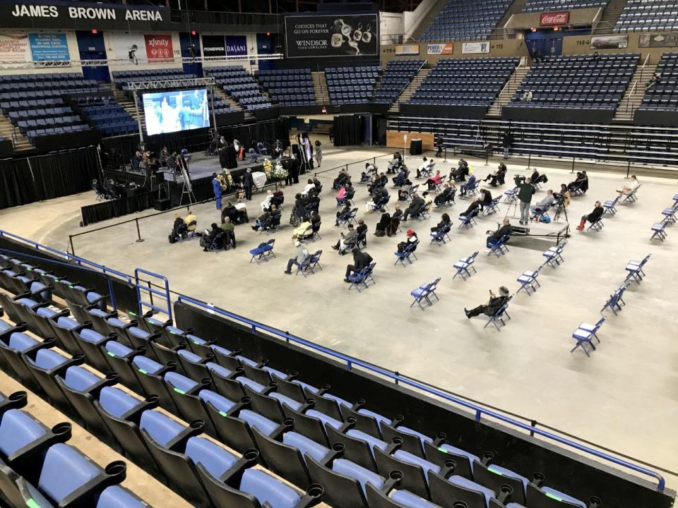 The funeral for Danny Ray, the famous emcee and cape man for James Brown, Saturday morning Feb. 13, 2021, at the James Brown Arena in Augusta, Ga.