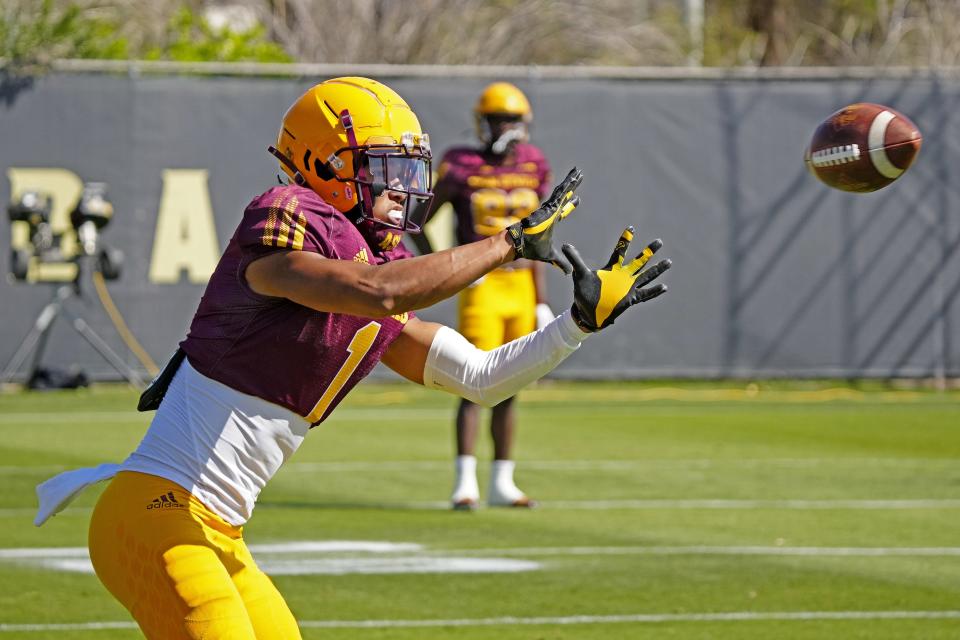 ASU wideout Xavier Guillory (1) catches a ball during spring practice at Kajikawa practice fields in Tempe on April 4, 2023.