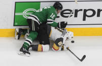 Dallas Stars' Joe Pavelski (16) checks Vegas Golden Knights' Jonathan Marchessault (81) during the second period of Game 4 of the NHL hockey Western Conference final, Saturday, Sept. 12, 2020, in Edmonton, Alberta. (Jason Franson/The Canadian Press via AP)