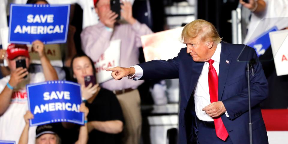 Former President Donald Trump takes the stage at a campaign rally in Youngstown, Ohio., Saturday, Sept. 17, 2022.