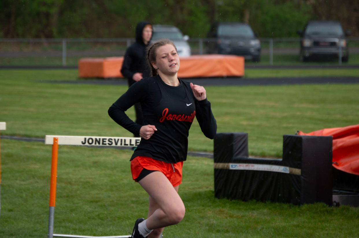 Jonesville senior Brooke Sharp runs to a first place finish in the 400-meter dash. She also won the 200-meter dash.