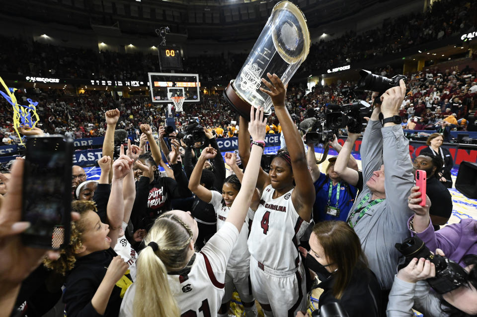 Aliyah Boston and the South Carolina Gamecocks celebrate their win in the SEC tournament championship game on March 5, 2023, at Bon Secours Wellness Arena in Greenville, South Carolina. (Eakin Howard/Getty Images)