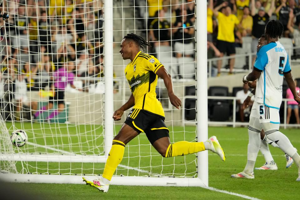 Aug 9, 2024; Columbus, OH, USA; Columbus Crew defender DeJuan Jones (12) celebrates scoring a goal during the second half of the Leagues Cup soccer match against Sporting Kansas City at Lower.com Field. The Crew won 4-0.