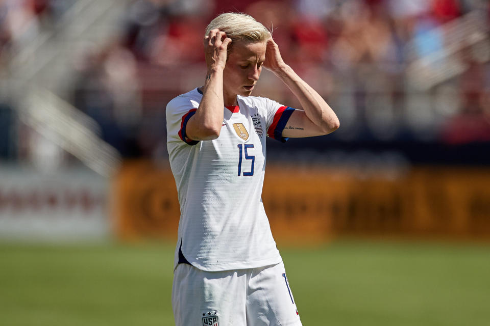 SANTA CLARA, CA - MAY 12: United States forward Megan Rapinoe (15) looks on in game action during an International friendly match between the United States and South Africa on May 12, 2019 at Levi's Stadium in Santa Clara, CA. (Photo by Robin Alam/Icon Sportswire via Getty Images)