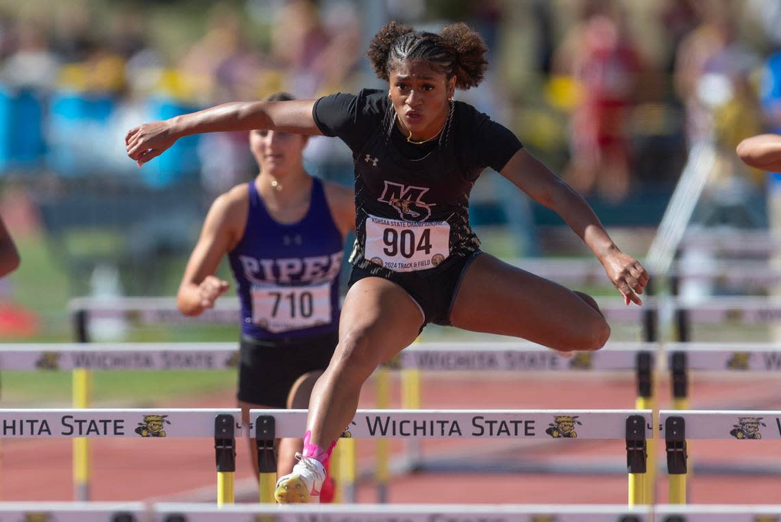 Maize South’s Ashley Singhateh wins the 5A 100 meter hurdles during the state track and field championships at Cessna Stadium on Saturday. 