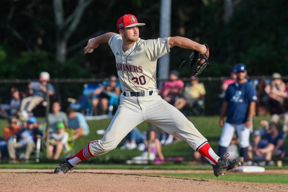 Harwich Mariners starter Eric Reyzelman faces the Brewster Whitecaps on Sunday at Whitehouse Field in Harwich. Reyzelman pitched five innings and allowed four hits and two runs, walked one and struck out seven.