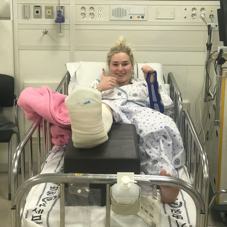 British snowboarder Katie Ormerod is seen in hospital after fracturing her wrist and heel in training, in Seoul, South Korea, February 9, 2018. REUTERS/Instagram/Omerodkatie