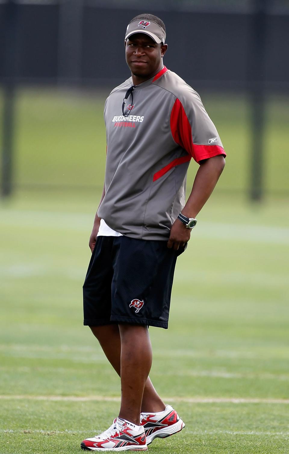 TAMPA - MAY 01:  Head coach Raheem Morris of the Tampa Bay Buccaneers watches his team during the Buccaneers Rookie mini camp at One Buccaneer Place on May 1, 2010 in Tampa, Florida.  (Photo by J. Meric/Getty Images)