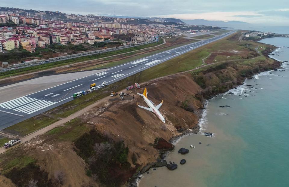 <p>A Pegasus Airlines Boeing 737 passenger plane is seen struck in mud on an embankment, a day after skidding off the airstrip, after landing at Trabzon’s airport on the Black Sea coast on Jan. 14, 2018. (Photo: STRINGER/AFP/Getty Images) </p>