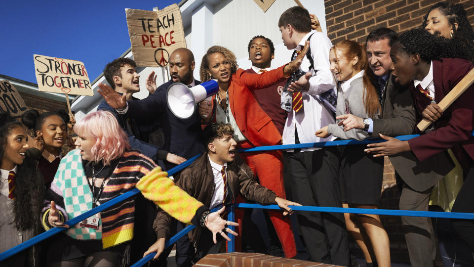 Waterloo Road returns with Angela Griffin's headteacher Kim Campbell struggling to control a riot. (BBC)