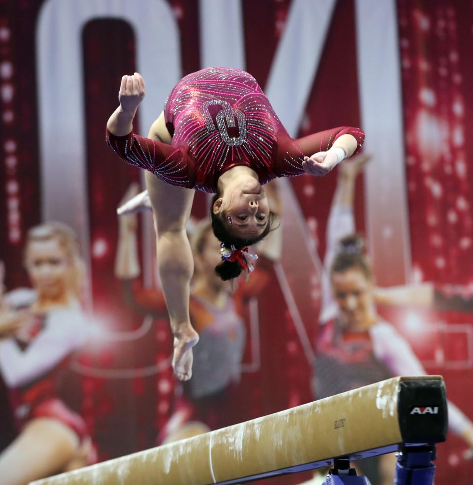 OU's Jenna Dunn competes in balance beam against Alabama last January at Lloyd Noble Center in Norman.