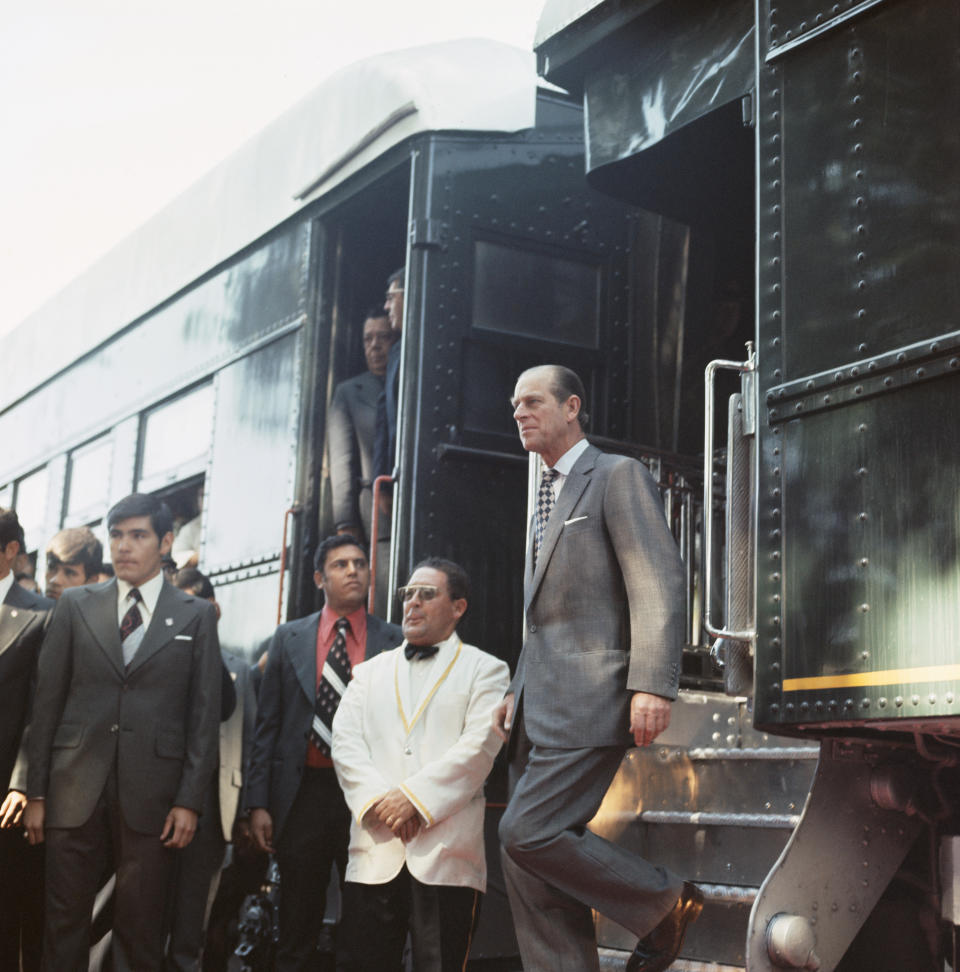 Prince Philip, the Duke of Edinburgh disembarks from a train during his state visit to Mexico, 1975. (Photo by Serge Lemoine/Getty Images)