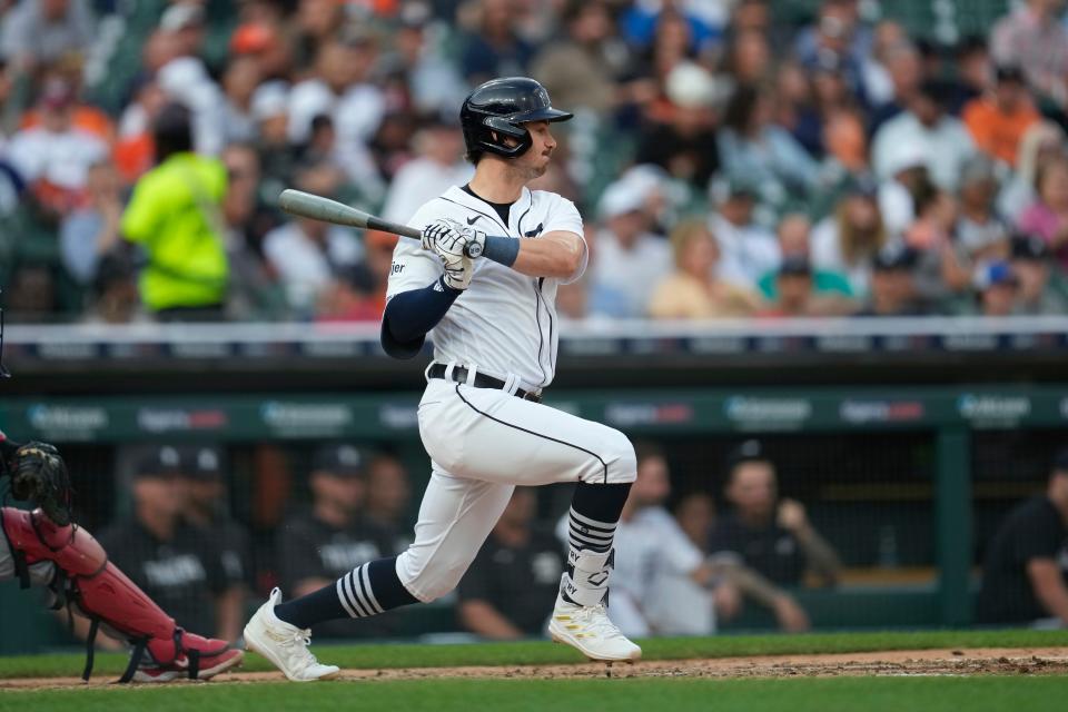 Tigers third baseman Zach McKinstry hits a one-run single against the Twins in the fourth inning on Tuesday, Aug. 8, 2023, at Comerica Park.