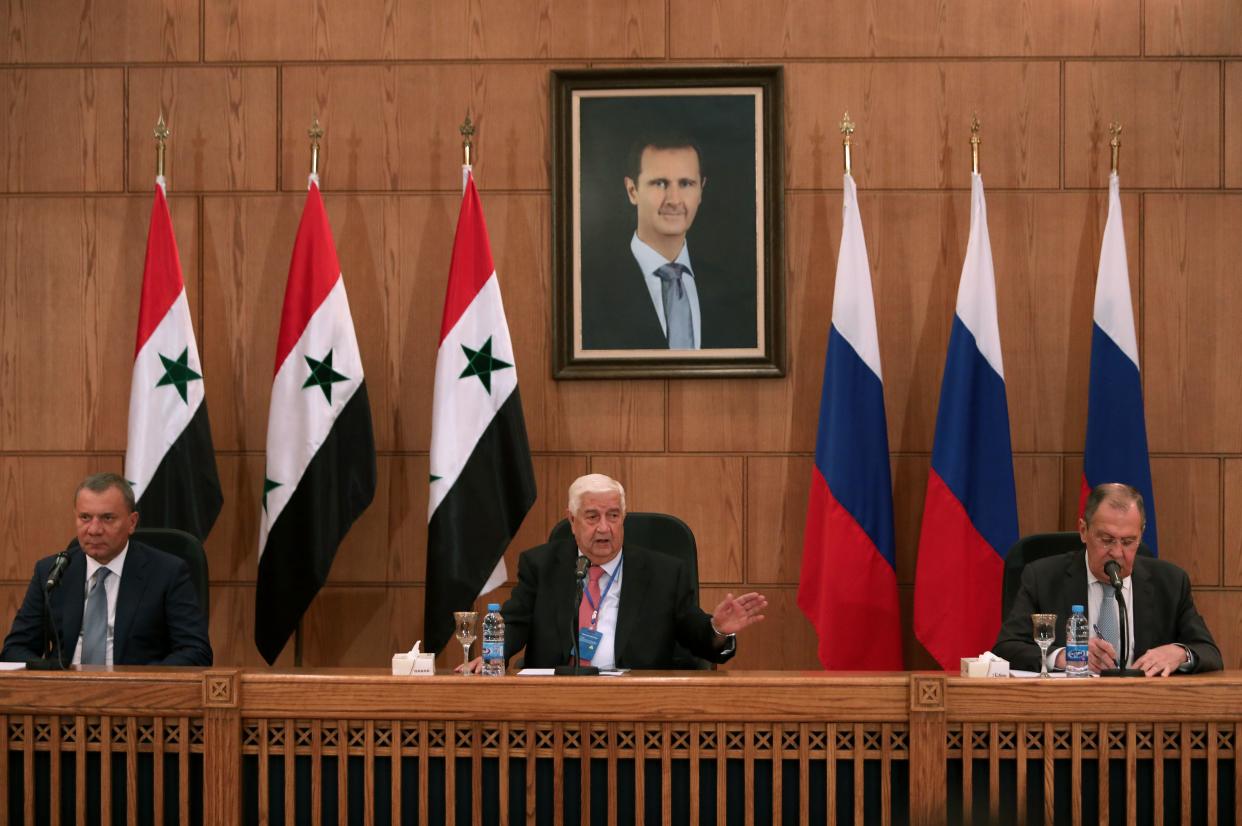 (L to R) Russian Deputy Prime Minister Yuri Borisov, Syrian Foreign Minister Walid Muallem and his Russian counterpart Sergei Lavrov hold a joint press conference in Syria's capital Damascus, September 7, 2020. / Credit: LOUAI BESHARA/AFP/Getty