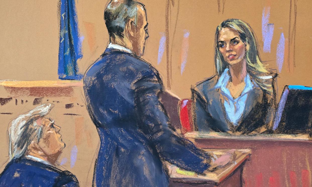 <span>Hope Hicks is cross-examined by defense lawyer Emil Bove during Donald Trump’s criminal trial in New York on 3 May 2024 in this courtroom sketch.</span><span>Photograph: Jane Rosenberg/Reuters</span>