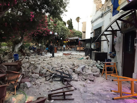 Damage caused by a quake in Kos, Greece, July 21, 2017 is seen in this still photograph uploaded on social media. Osman Turanli/Social Media/Handout via Reuters