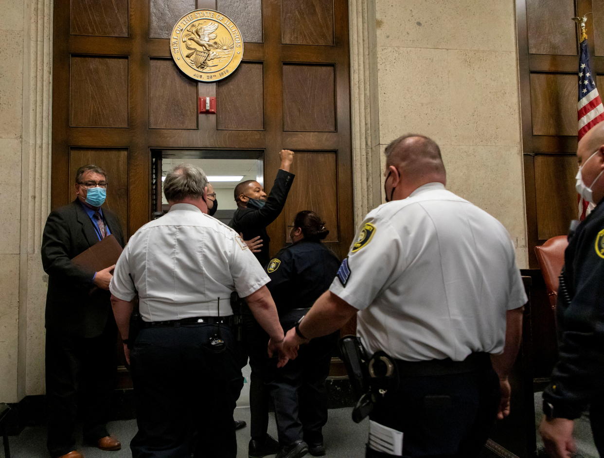 Actor Jussie Smollett is led out of the courtroom after being sentenced to jail time at the Leighton Criminal Court Building, in Chicago, Illinois, U.S., March 10, 2022. Brian Cassella/Pool via REUTERS