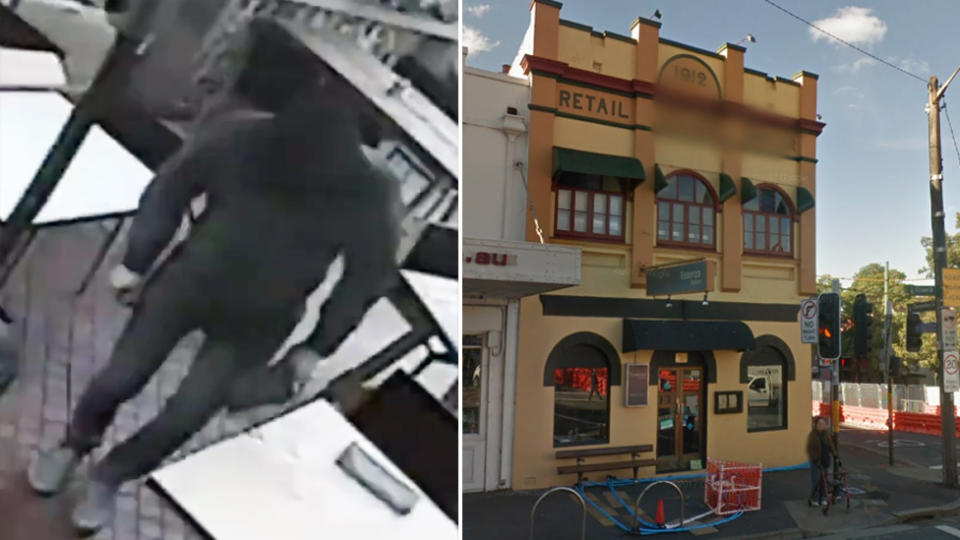 CCTV captures an intruder (left) at The Essenza Italian restaurant in Surry Hills (right). 