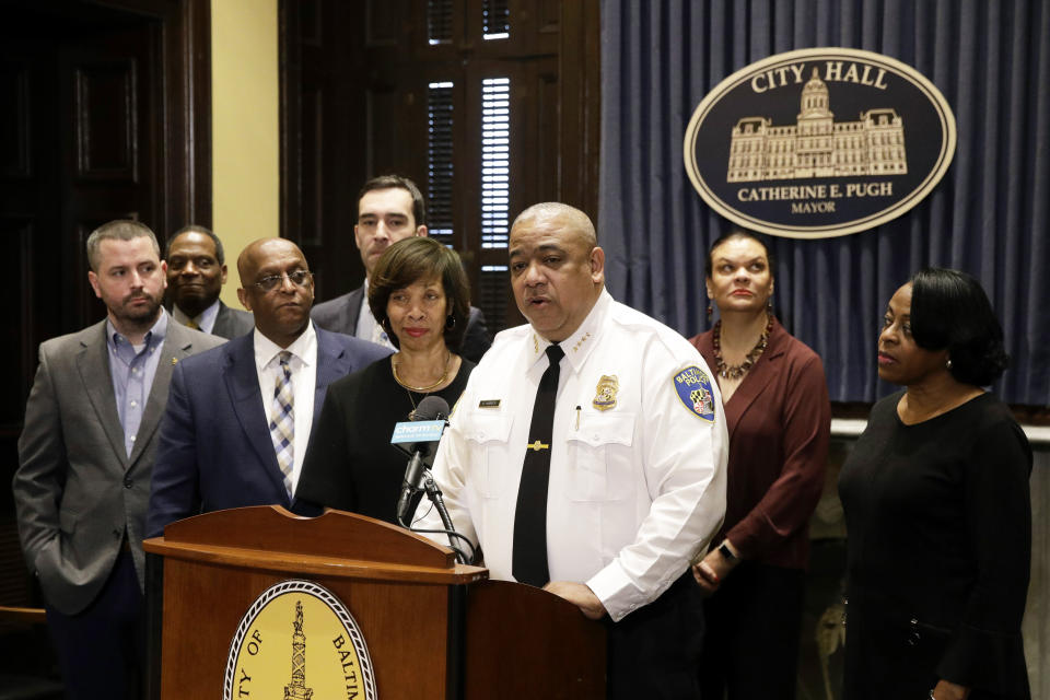 Michael Harrison, acting commissioner of the Baltimore Police Department, speaks at an introductory news conference, Monday, Feb. 11, 2019, in Baltimore. Harrison, the former Superintendent of the New Orleans Police Department, started Monday as acting leader weeks before the city council is expected to vote on his nomination as permanent police commissioner. (AP Photo/Patrick Semansky)