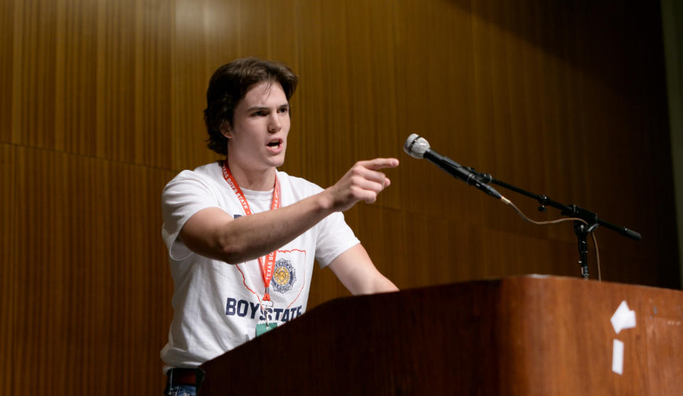 This image released by A24 shows Robert MacDougall in a scene from "Boys State." (A24 via AP)