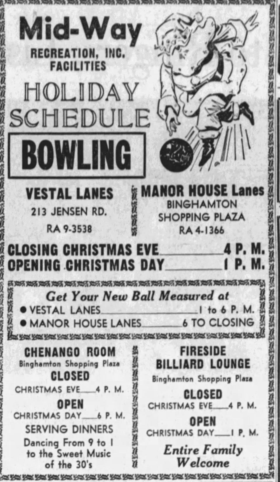 The 1964 Christmas ad for Midway Bowling in Vestal.