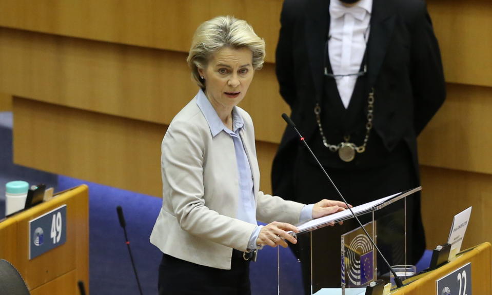 BRUSSELS, BELGIUM - NOVEMBER 25: European Commission President Ursula Von Der Leyen speaks during a plenary session at the European Parliament in Brussels on November 25, 2020. (Photo by Dursun Aydemir/Anadolu Agency via Getty Images)