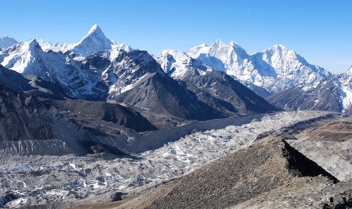 <span class="caption">Debris covered Khumbu glacier in the Everest region of Nepal.</span> <span class="attribution"><span class="source">Ann Rowan</span>, <span class="license">Author provided</span></span>