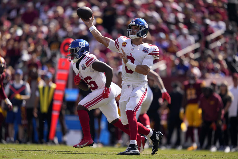 New York Giants quarterback Daniel Jones (8) throws a pass against the Washington Commanders during the second half of an NFL football game in Landover, Md., Sunday, Sept. 15, 2024. (AP Photo/Matt Slocum)