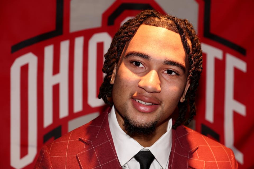 Ohio State quarterback C.J. Stroud speaks to the media before the Heisman Trophy award ceremony on Saturday.