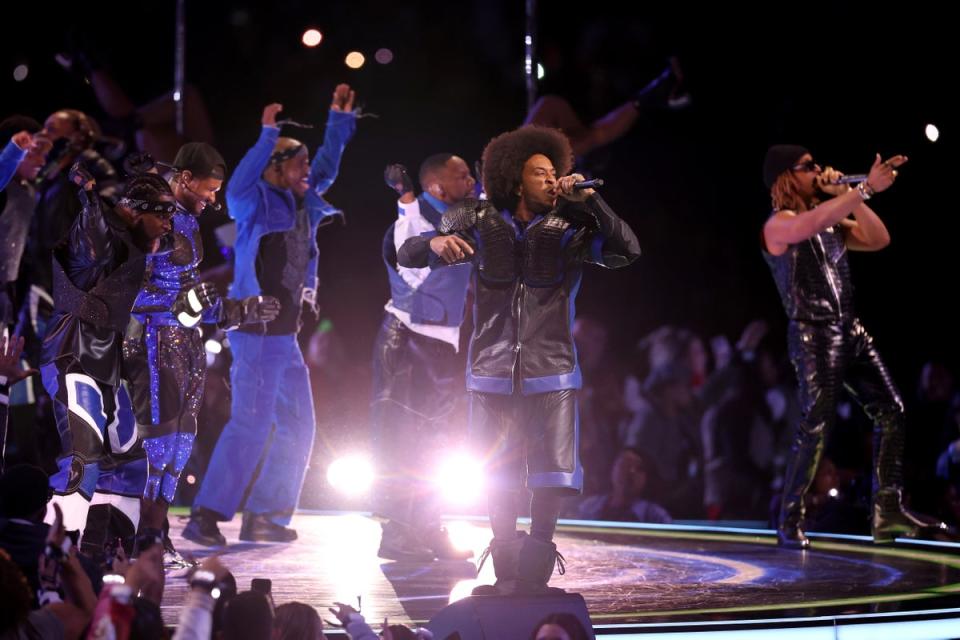 Usher, Ludacris, and Lil Jon perform onstage during the Apple Music Super Bowl LVIII Halftime Show at Allegiant Stadium (Getty Images)