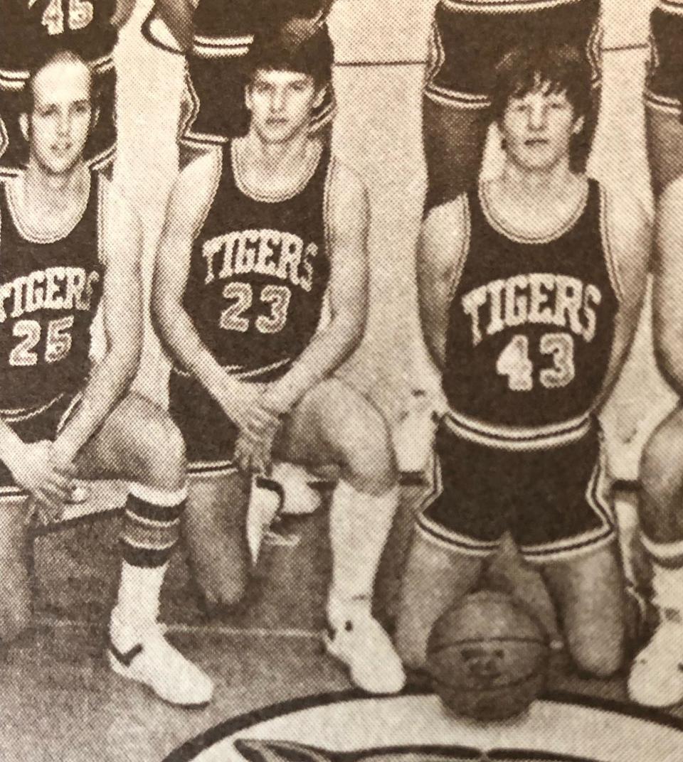 Watertown Public Opinion sports writer Roger Merriam (43) is pictured with his brother Rod (23) and Don DesLauriers (25), now of Clark, in the team picture for the 1979-80 Huron High School boys basketball team. Don't be confused by the number, small guard was Roger Merriam's position.