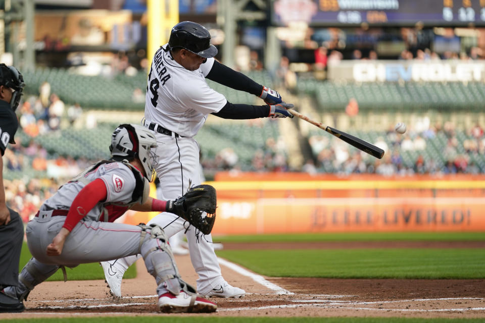 Detroit Tigers' Miguel Cabrera (24) hits a one-run single against the Cincinnati Reds in the first inning of a baseball game, Tuesday, Sept. 12, 2023, in Detroit. (AP Photo/Paul Sancya)