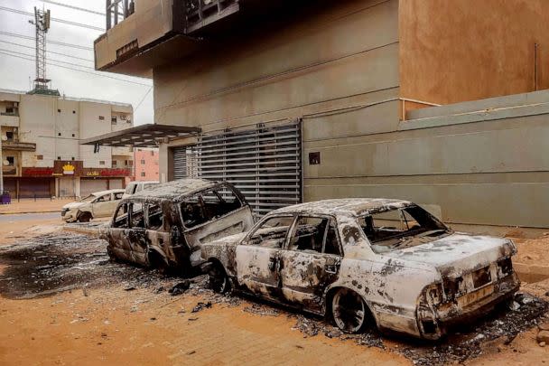 PHOTO: Destroyed vehicles are pictured outside the burnt-down headquarters of Sudan's Central Bureau of Statistics, on al-Sittin (sixty) road in the south of Khartoum, May 29, 2023. (AFP via Getty Images)