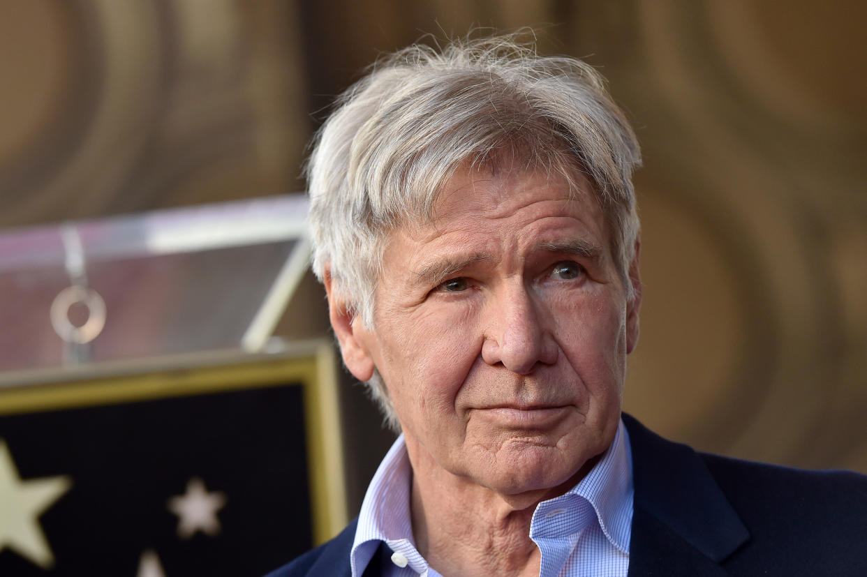 Harrison Ford attends the ceremony honoring Mark Hamill with a star on the Hollywood Walk of Fame on March 8. (Photo: Axelle/Bauer-Griffin/FilmMagic)