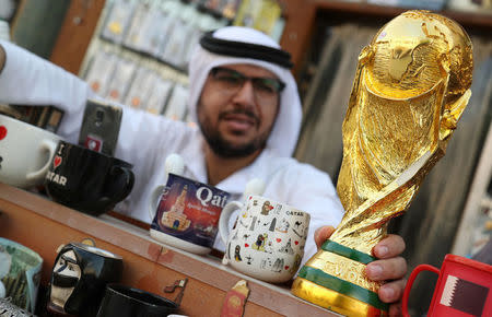 A mock-up of the World Cup is seen at a shop in Souk Waqif in Doha, Qatar July 13, 2018. REUTERS/Ibraheem al Omari