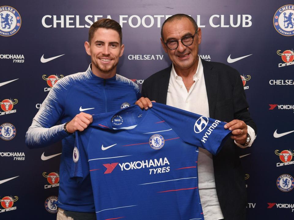 Jorginho with Chelsea manager Maurizio Sarri after signing a five-year contract