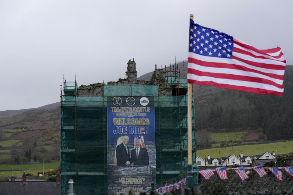 United States flags and bunting put out in Carlingford, Ireland, Tuesday, April 11, 2023, as final preparations are made for the visit of President Joe Biden to the town later in the week. President Biden is visiting Northern Ireland and Ireland to celebrate the 25th Anniversary of the Good Friday Agreement. (AP Photo/Christophe Ena)