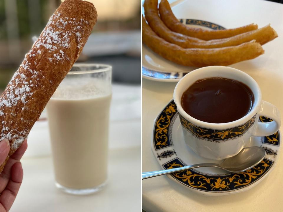 Side by side of horchata and churros in Valencia, Spain