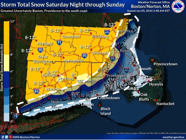 Potential snow totals for southern New England from this weekend's storm.