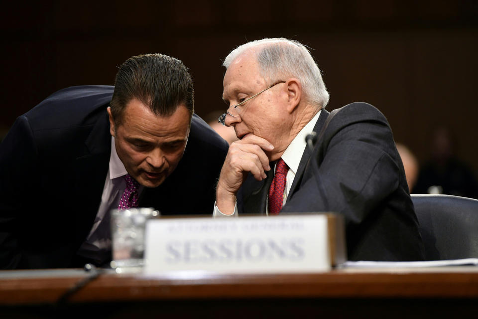 <p>Attorney General Jeff Sessions(R) testifies during a US Senate Select Committee on Intelligence hearing on Capitol Hill in Washington, DC, June 13, 2017. (Photo: Saul Loeb/AFP/Getty Images) </p>