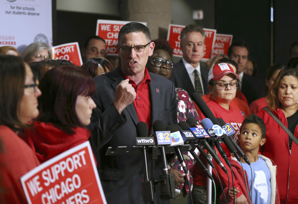 Chicago Teachers Union president Jesse Sharkey speaks during a press conference at union headquarters in Chicago on Tuesday, Oct. 15, 2019, after contract negations with the city ended for the day. Chicago Mayor Lori Lightfoot announced on Wednesday, Oct. 16, 2019 that the city's public schools will be shut down on Thursday, one day ahead of an expected teachers' strike. (Terrence Antonio James/Chicago Tribune via AP)