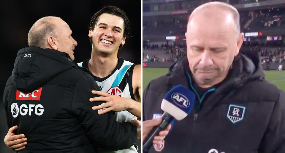 Pictured right is an emotional Port Adelaide coach Ken Hinkley.