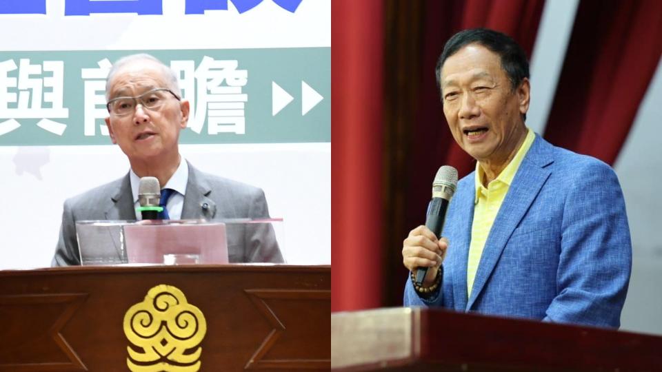 鴻海創辦人郭台銘(右)爆料總統府前秘書長李大維(左)替總統蔡英文傳話要他不要買疫苗，李大維澄清沒有這樣的事。翻攝郭台銘臉書、海基會網站