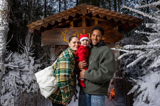 <p>Shane Anthony Sinclair/Getty</p> Jessie J, Chanan Colman and baby, Sky Colman, on December 20, 2023 in Ascot, England.