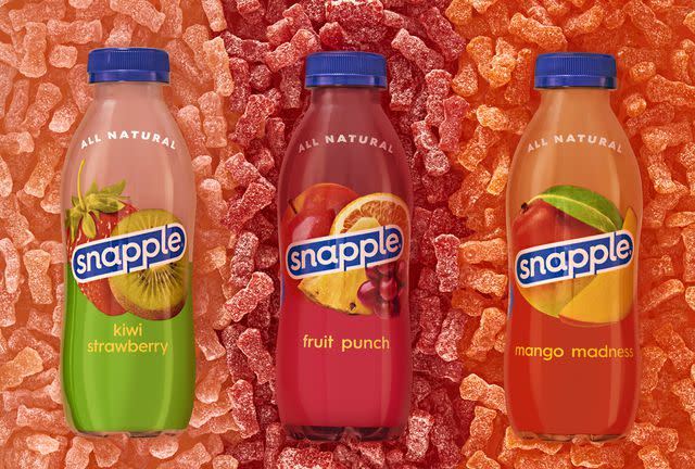 <p>Snapple / Sour Patch Kids</p> The new Fruit Flavor Mix bag will contain three candies inspired by Snapple beverages: Mango Madness, Kiwi Strawberry, and Fruit Punch.